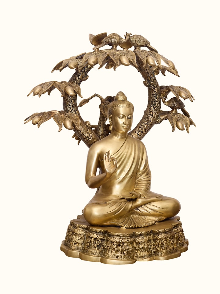Angled view of the Brass Bodhi Buddha Sitting Idol
