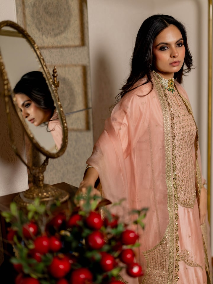 Angled view of the Blush Pink Silk Hand Daman Embroidered Long Yoke Kurta Set (2 Pcs)