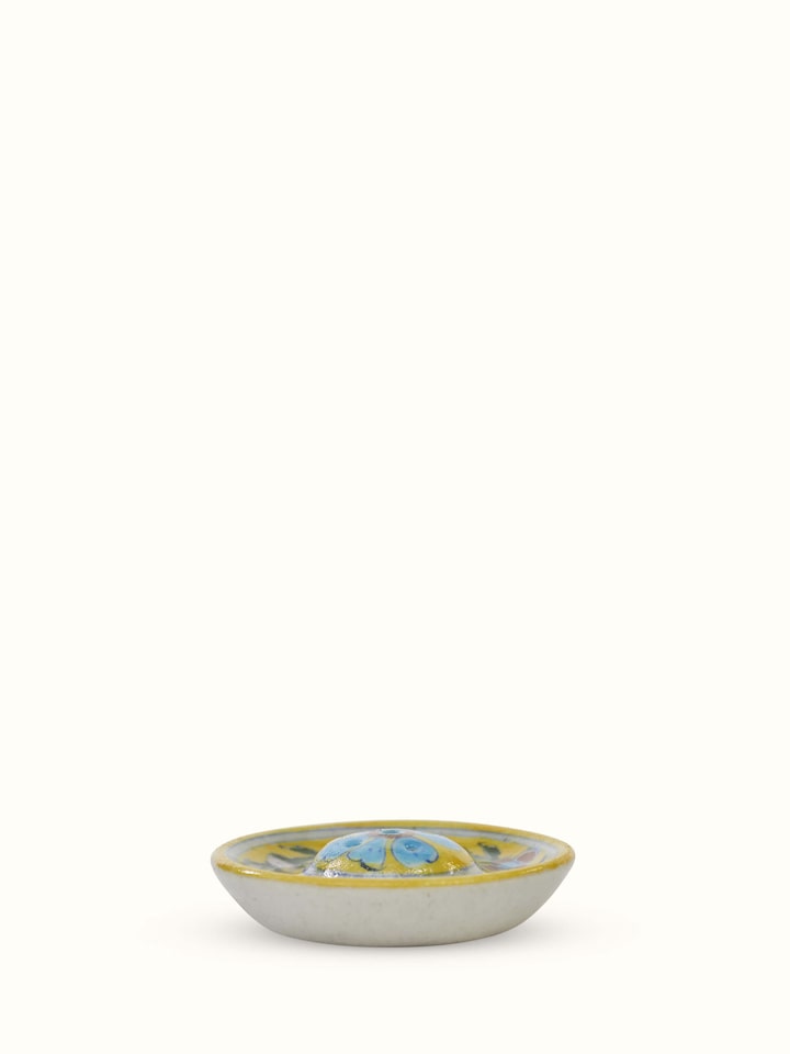 Decorative yellow blue pottery incense holder – angled view