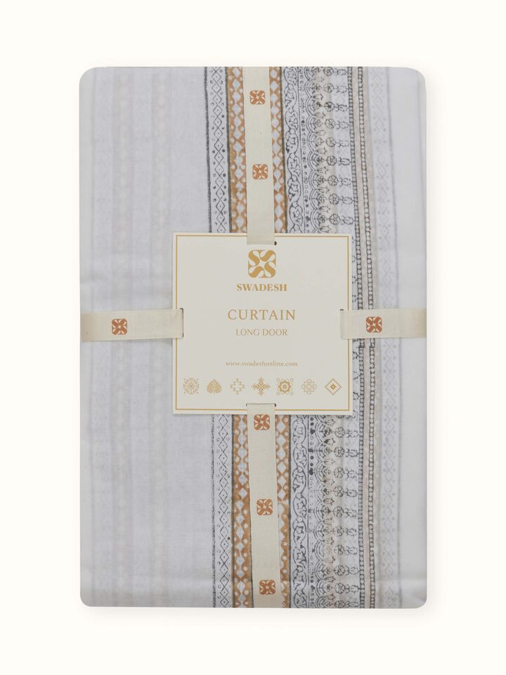 Sanganeri hand block print grey block stripe sheer curtain 9 ft, detailed stitching view