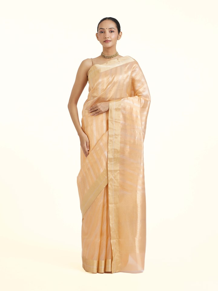Front view of Peach Chanderi Jal Saree showcasing its traditional craftsmanship and design