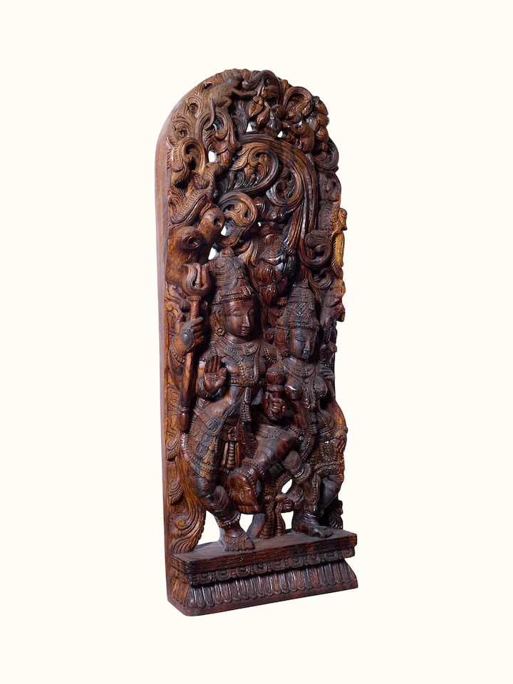 Angled view of the Wood Carved Shiva Parvati Idol