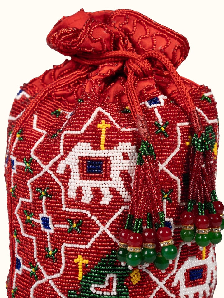 Detail view of Beadwork Red Potli Bag highlighting the embellishment detail