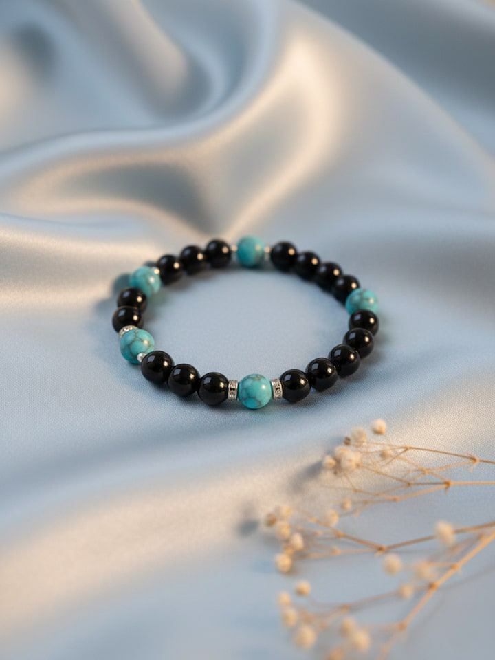 Styled view of Gemstone Black Onyx & Turquoise Silver Bracelet styled as worn