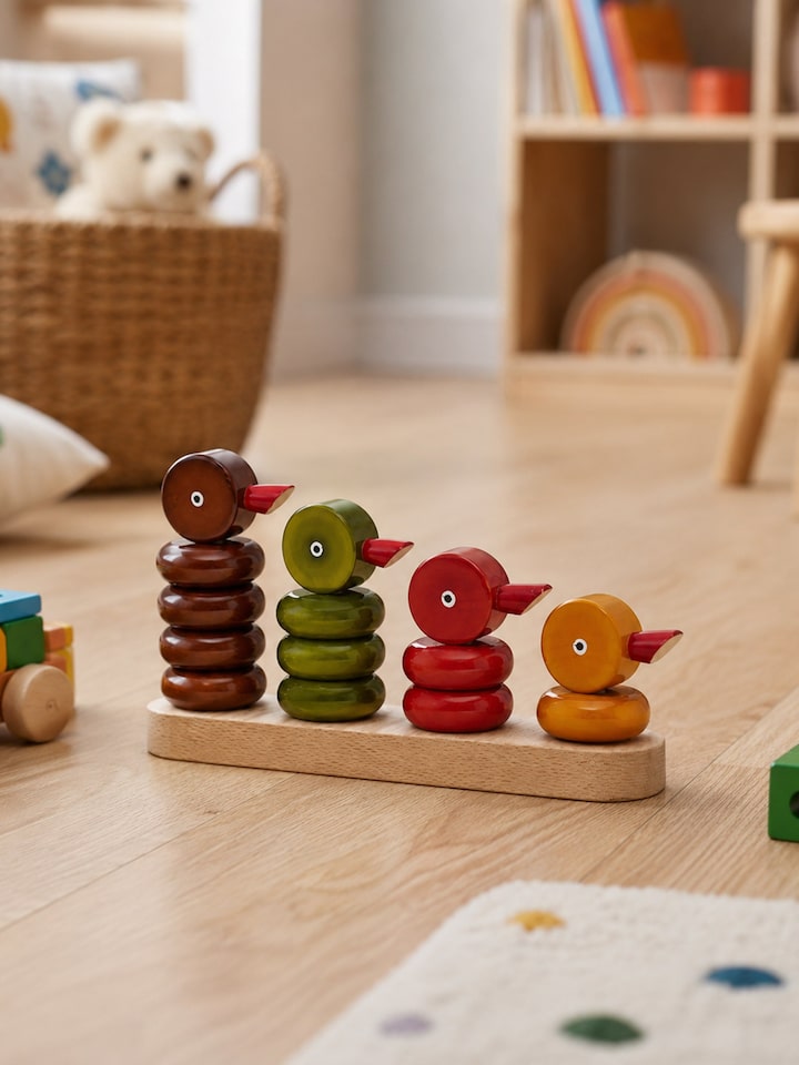 Side view of the Channapatna Ivory Wood Stacking Ducks (4 Pcs)