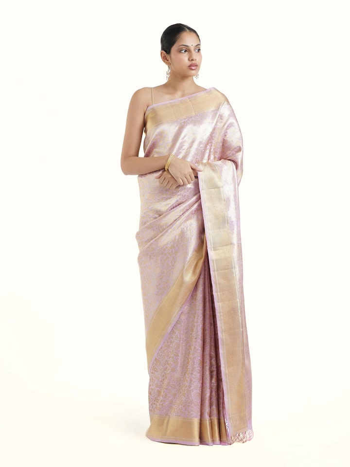 Front view of lavender silk Kancheepuram saree with elegant zari motifs