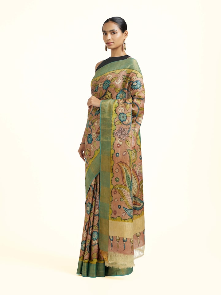Side view of Tussar Silk Kalamkari Saree highlighting the woven border detailing
