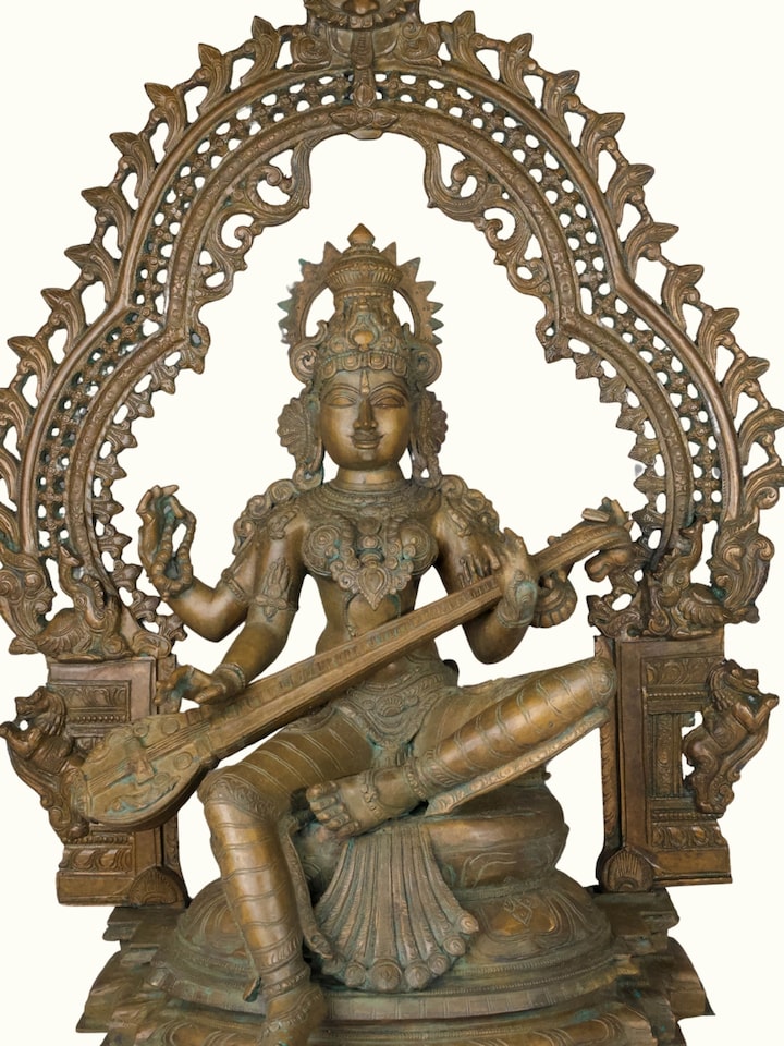Angled view of the Bronze Cast Saraswati Idol