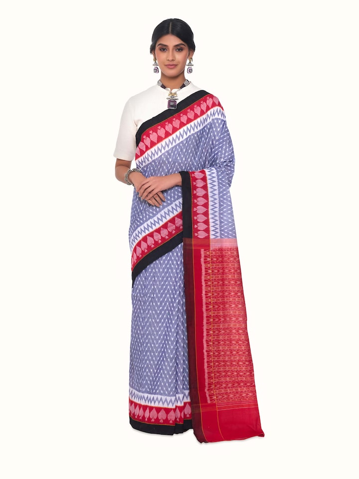 Front view of grey cotton bandha Odisha ikat saree with traditional patterns