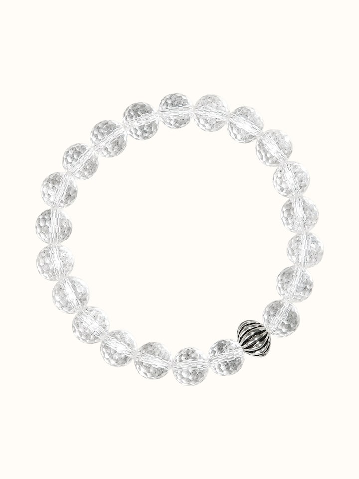 Front view of Gemstone Sphatik Bead Silver Bracelet showing the complete piece and design
