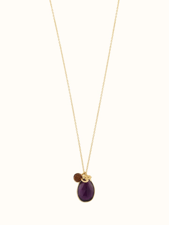 Front view of Rudraksha, Om charm & Amythyst, 18K Gold Plated Silver Necklace showing the complete piece and design