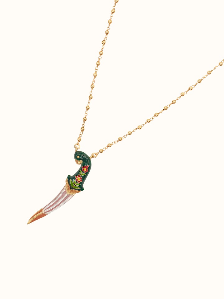 Detail view of Meenakari Silver Pendant & Chain highlighting the stone setting and metalwork detail, from a different angle