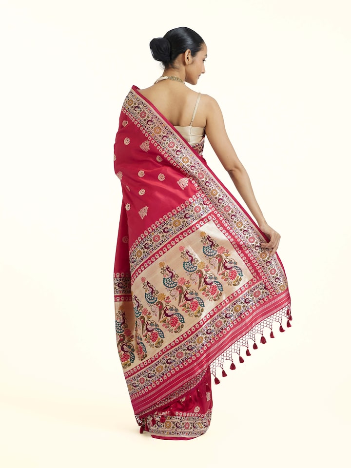 Back view of Red Ashavali Brocade Silk Saree emphasizing the overall design and fine details