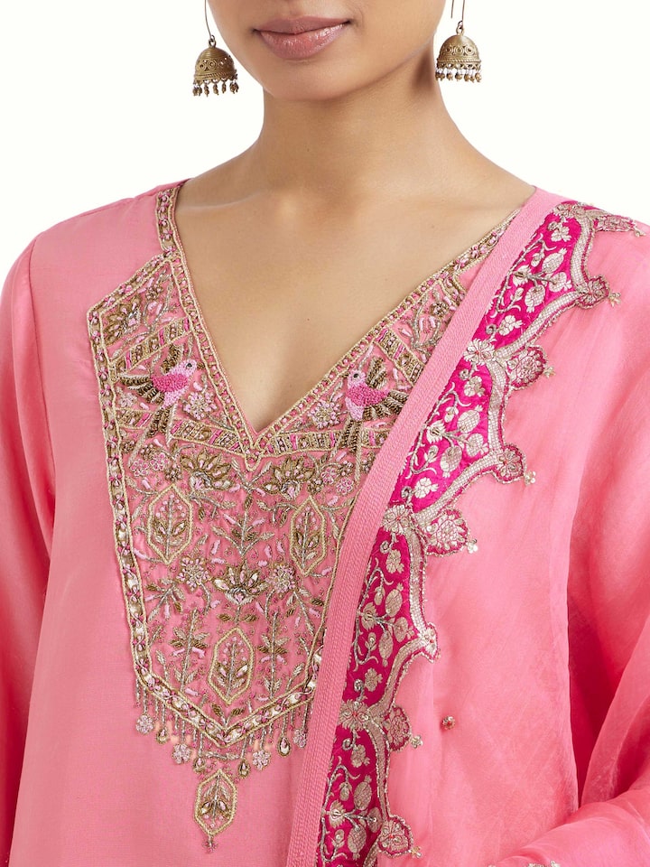 Detailed view of Pink Zardozi Silk Kurta Set (3 Pcs) focusing on the fine craftsmanship and texture