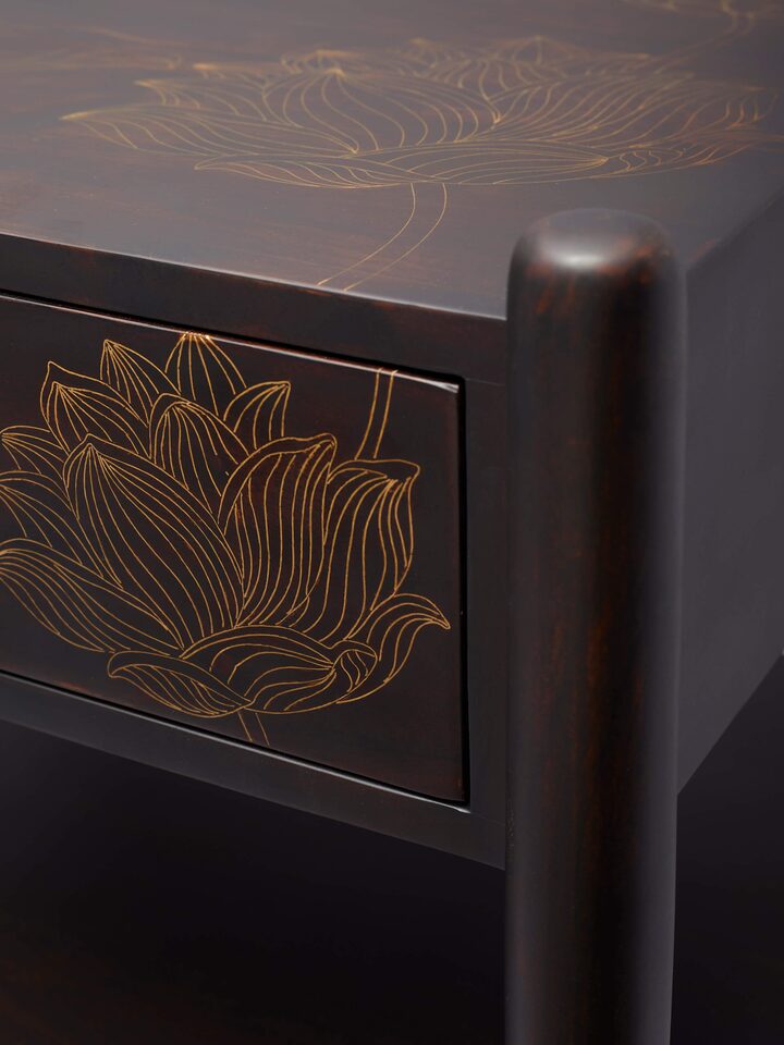 Side view of Sheesham Wood & Brass Tarkashi Bedside Table emphasizing the brass detailing