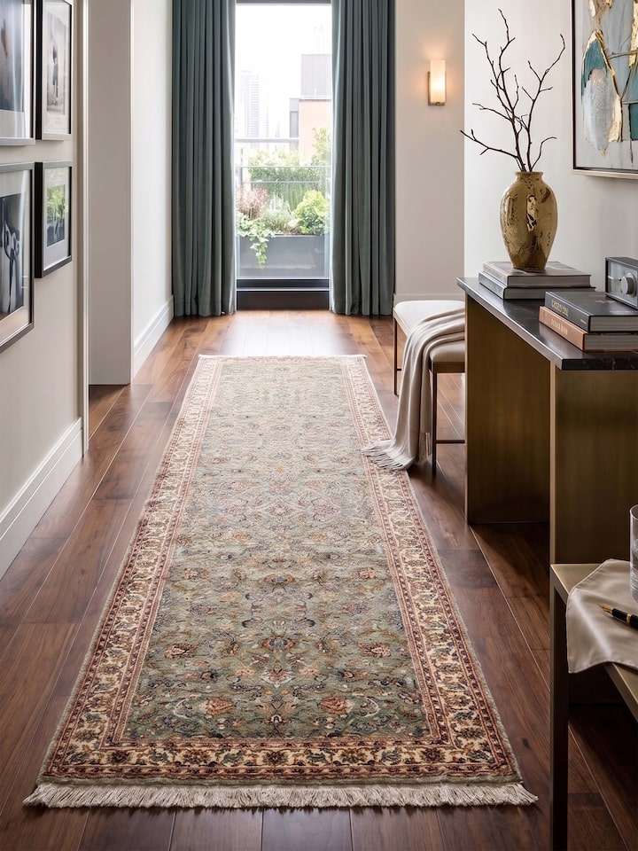 Styled view of Traditional Persian Sage Cream All-Over Kashmir Silk Hand-Knotted Runner styled in a room setting