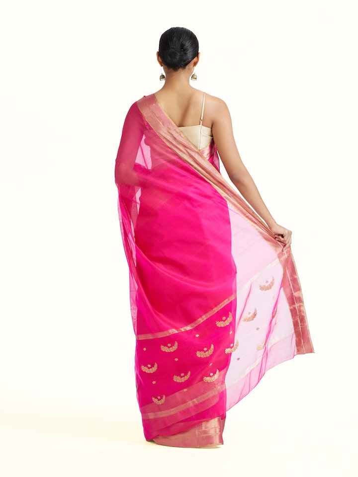 Back view of Pink Mulberry Silk Chanderi Saree emphasizing the overall design and fine details