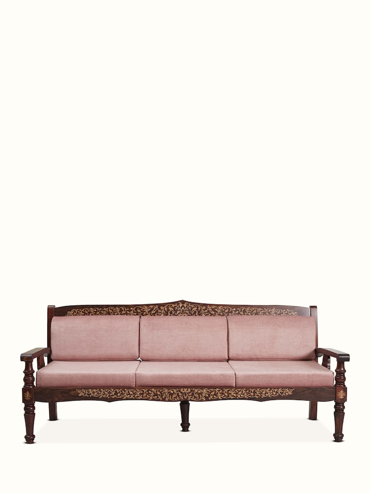 Front view of Upholstered Mysore Rosewood Inlay 3-seater Sofa showing the front design and silhouette