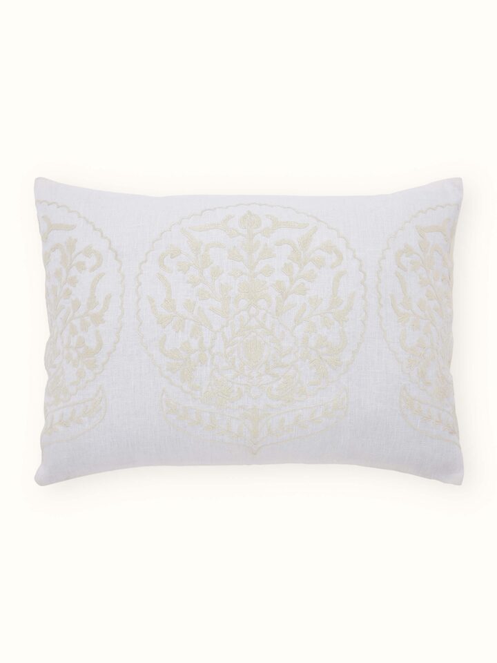 Razza Ivory Carnation Allover Linen Kashmir Chain Stitch Hand Embroidery Cushion Cover