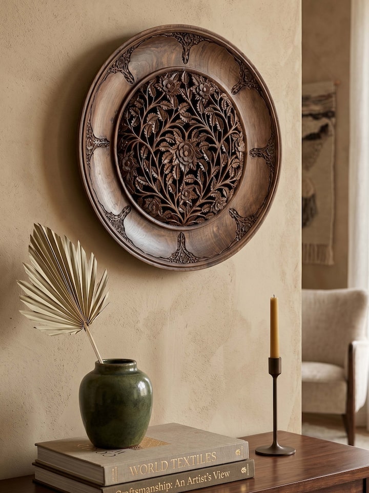 Styled view of Gulistan Walnut Wood Display Plate styled in a home setting