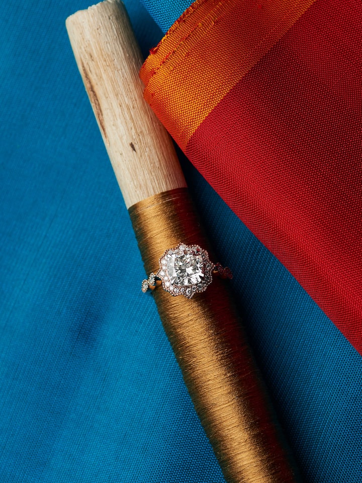 lifestyle view of open setting 14 karat gold ring