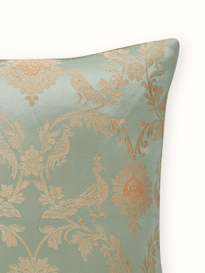 Detail shot 2: Detailed view of cushion cover texture and gold-toned jaal motif in Banarasi weave.