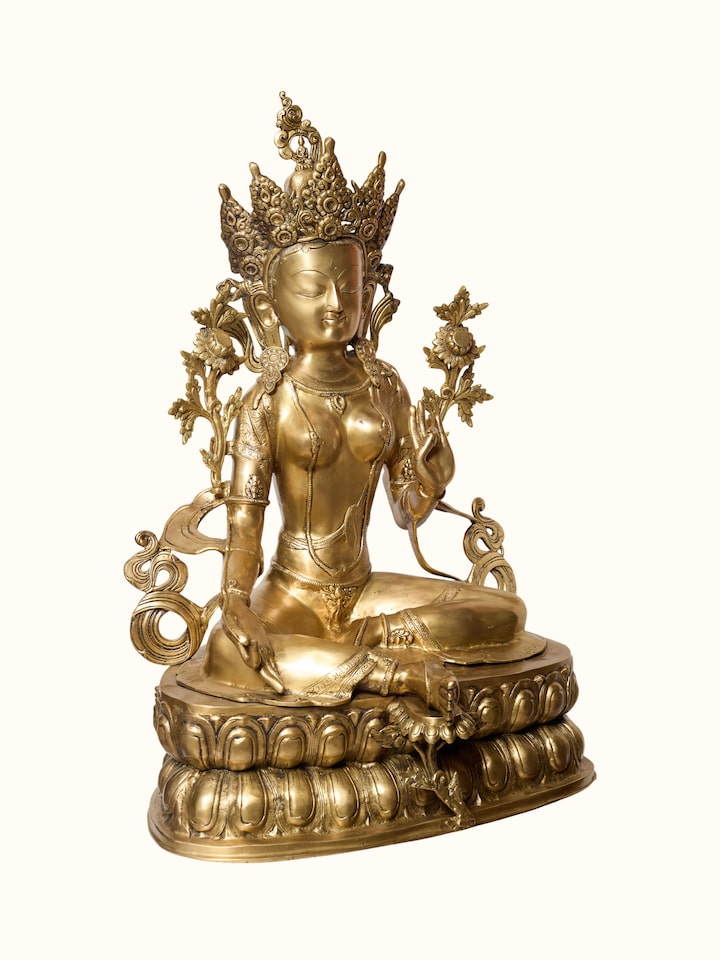 Angled view of the Brass Green Tara Sitting Idol