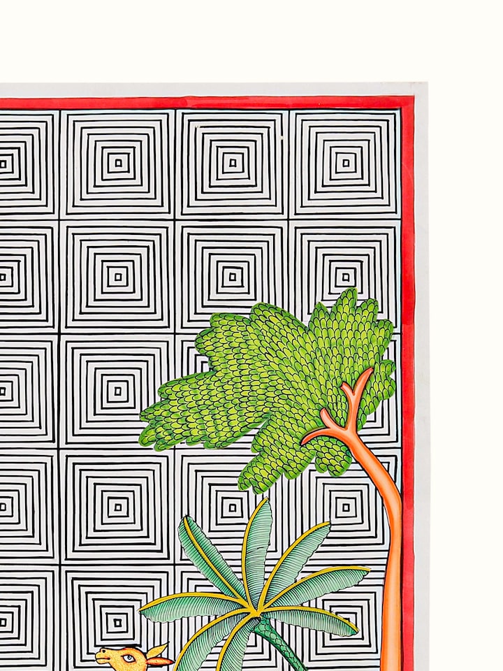 Detail view of the Deer Forest Geometric Illusion Pichwai Painting