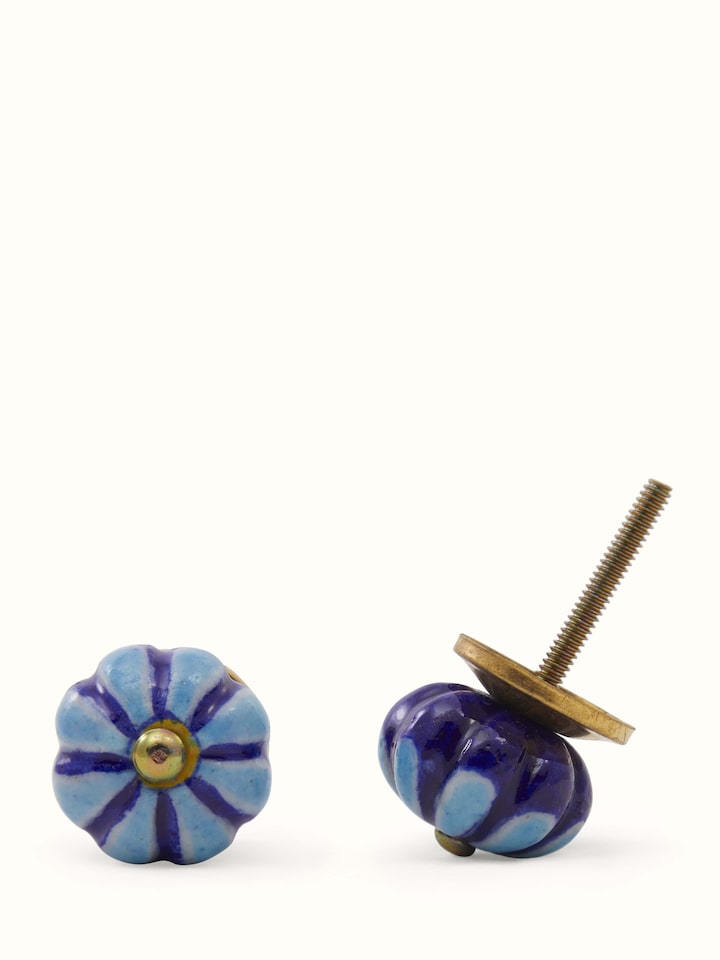 Front view of Blue Pottery Round Rib Door Knob Set