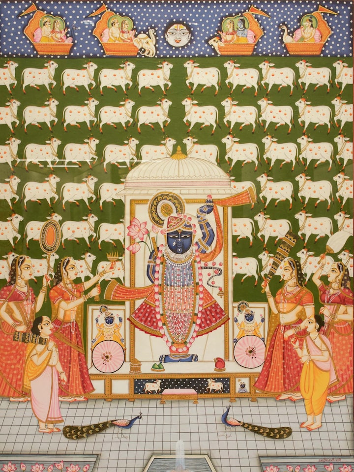 Detail view of the Shrinathji Aarti Gopashtami Pichwai Painting