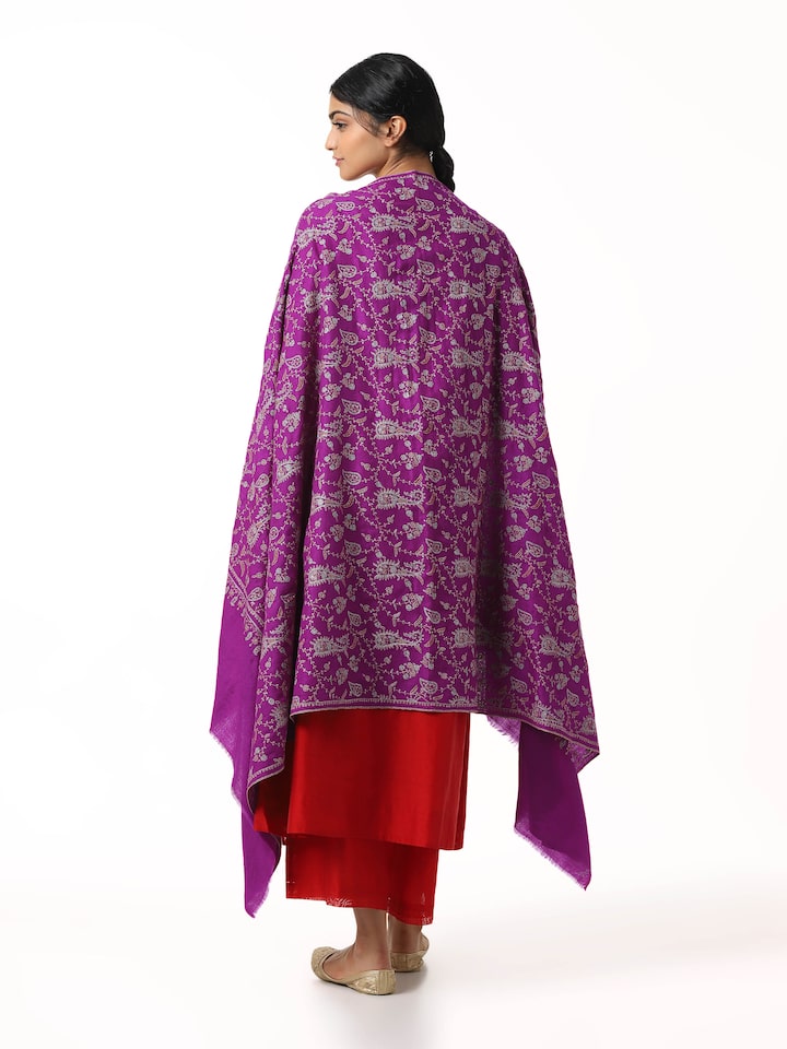 Back view of purple jalidar sozni embroidered shawl displaying complete design