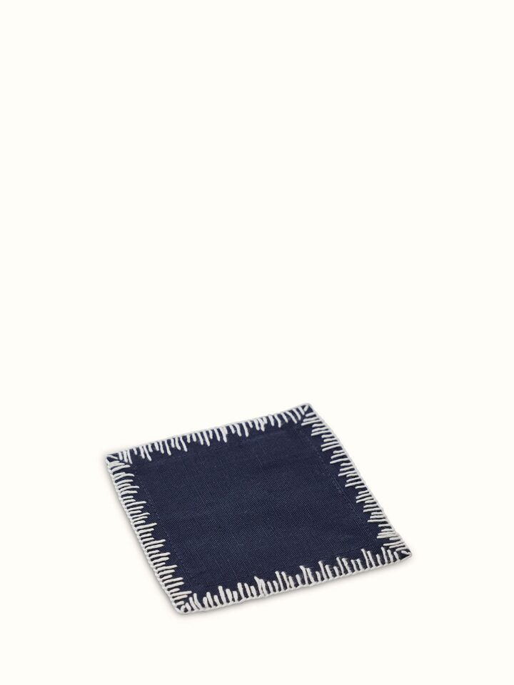 Parvat Indigo Edge Stitch Linen Cotton Hand Embroidered Coaster (6 Pcs)