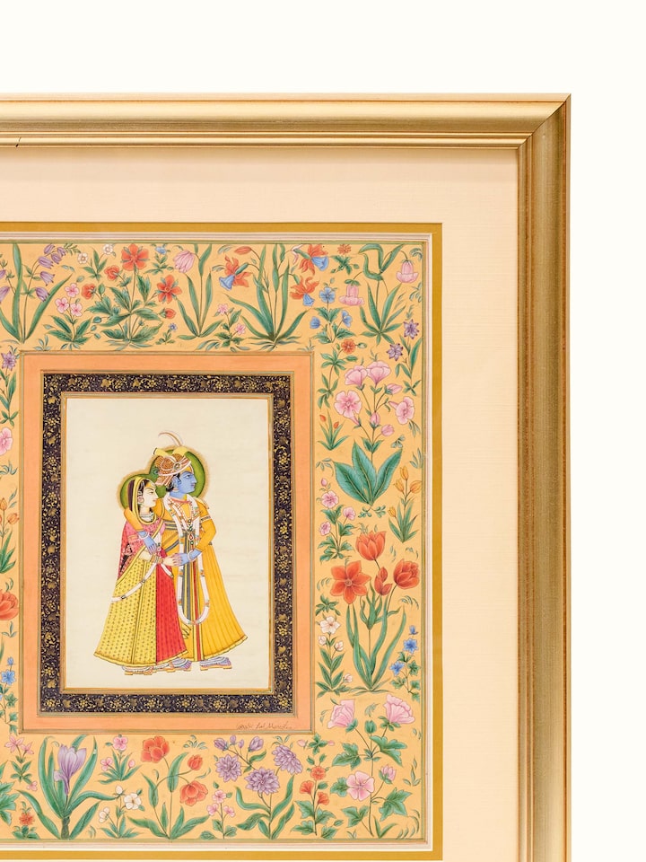 Detailed view of the Radha Krishna Floral Miniature Painting