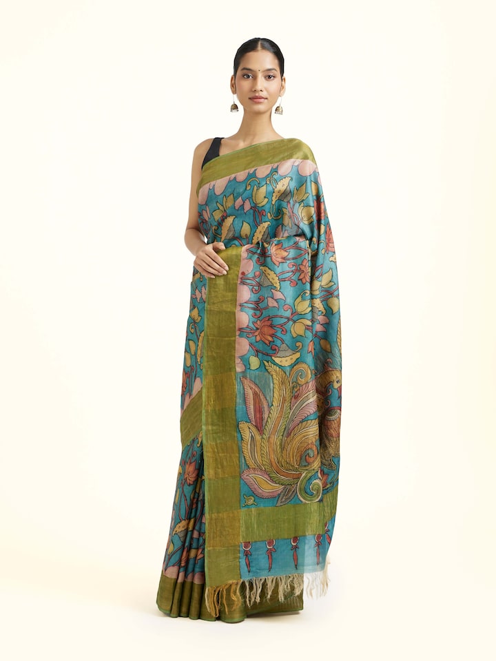 Side view of Tussar Silk Kalamkari Saree highlighting the woven border detailing