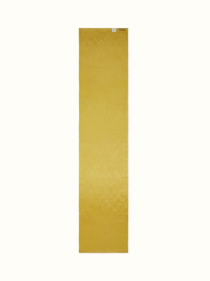 Detailed view of Awadh Yellow Banarasi Handloom Silk Bed Runner, showing fabric texture and ornamental design.