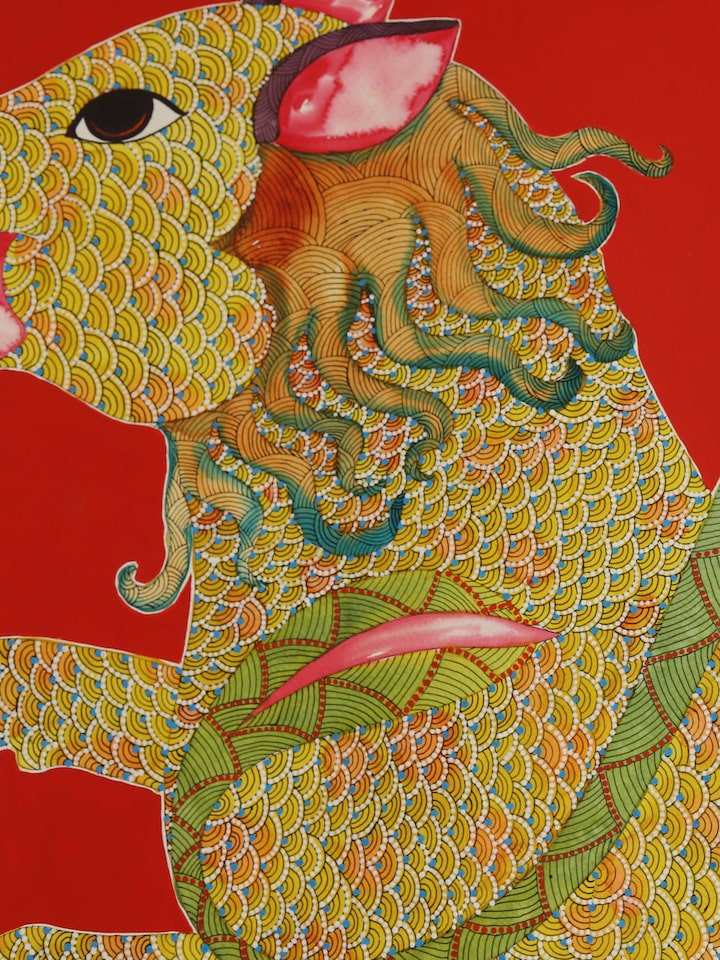 Detail view of the King At Ease Gond Art