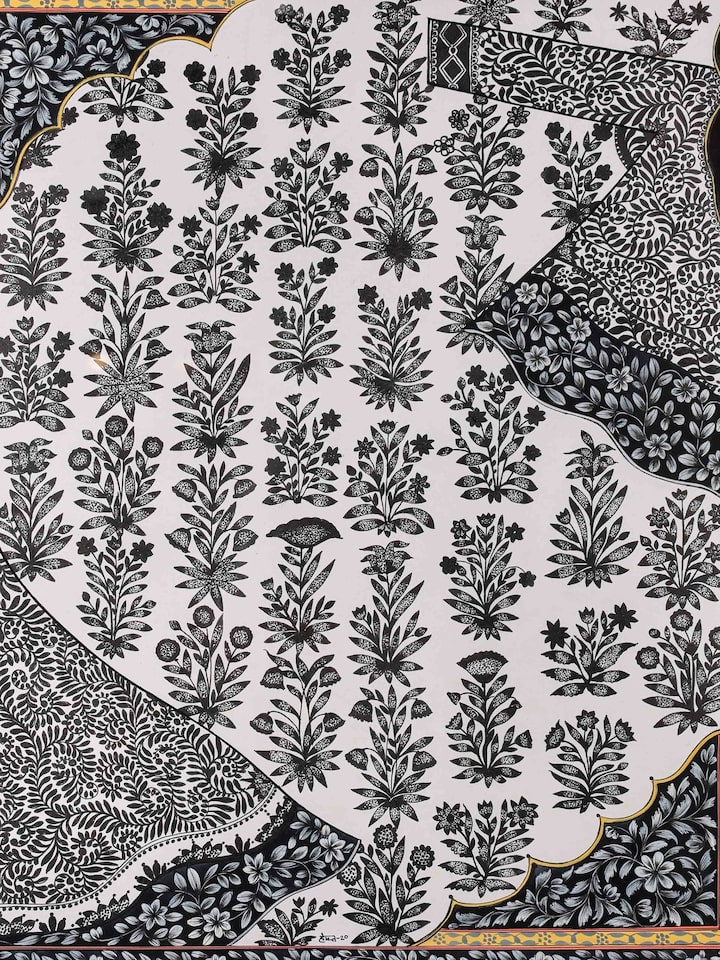 Front detail view of the Flower and Birds Poshakh Miniature Painting
