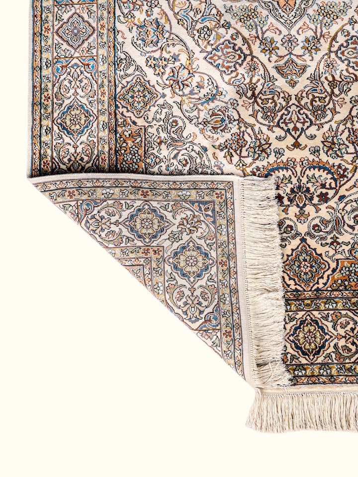 Traditional Persian ivory Sadakdar Kashmir silk hand-knotted runner, back view
