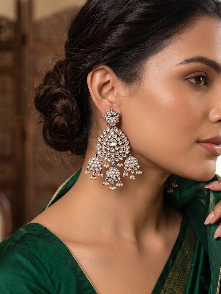 Dank Polki Silver Drop Earrings by Swadesh