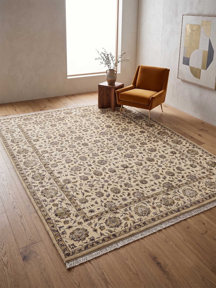 Styled view of Traditional Kashan Ivory Beige Bhadohi Wool-Viscose Hand Knotted Rug styled in a room setting, from a different angle