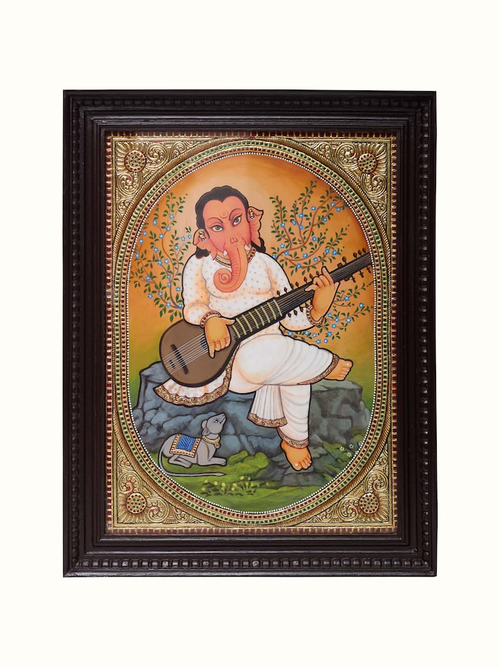 Front view of the Ganesha with Sitar Thanjavur Painting