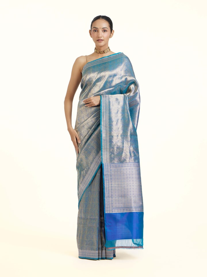 Front view of Blue Banarasi Tissue Silk Saree showcasing its traditional craftsmanship and design
