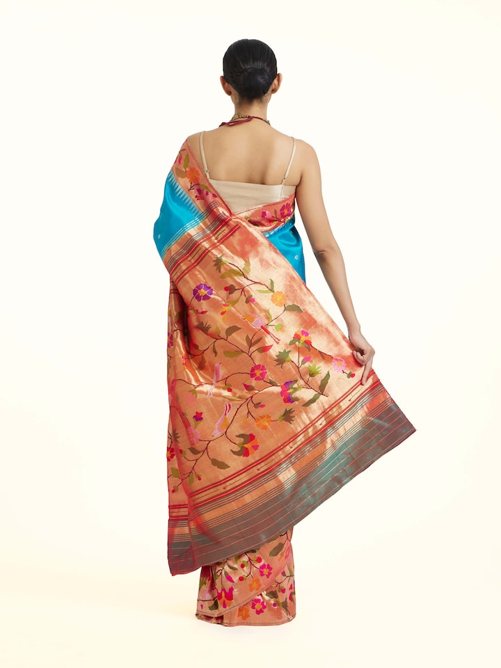 Front view of the Orange Cotton Awadh Jamdani Banarasi Saree