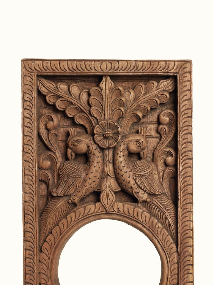 Close-up detail of the Wood Carved Mirror Panel Sculpture