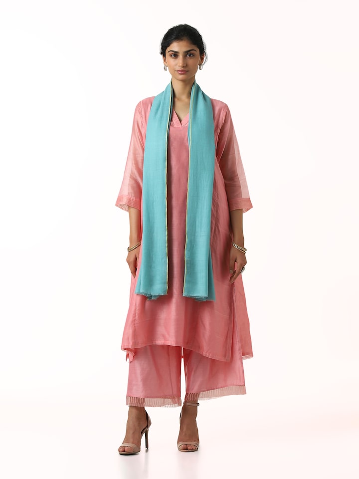 Front view of teal cashmere kaaj embroidered handwoven stole with intricate embroidery and soft texture