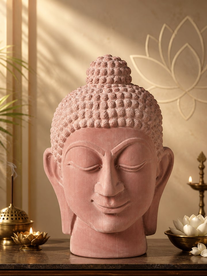 Left-side view of the Serene Carved Stone Buddha Face Idol