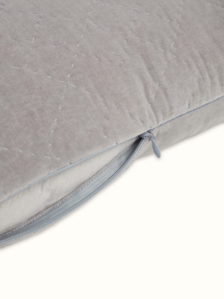 Angled view of Shivranjini light grey cotton razai embroidered lumbar cushion cover