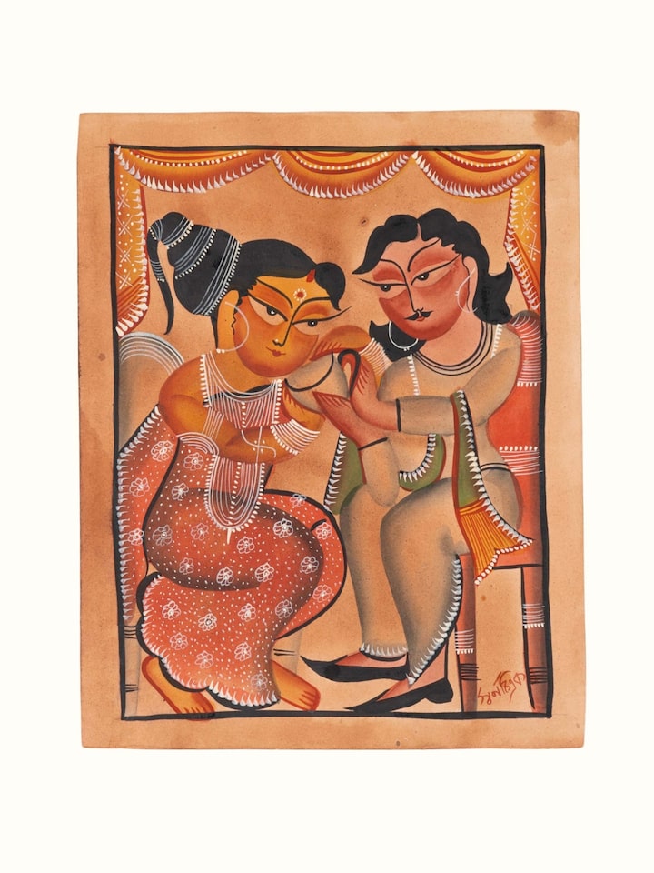 Kalighat humans painting in traditional Bengali folk art style – front view