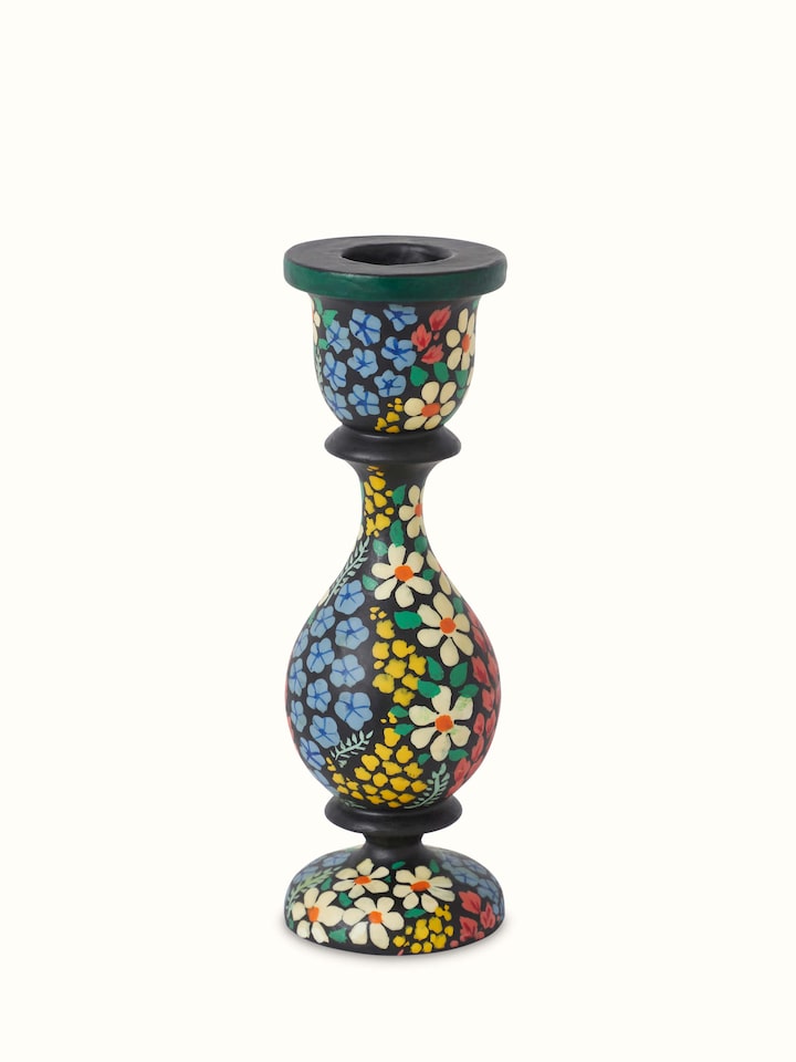 Close-up view of Papier-Mache Candle Bases in multicolor (2 pcs) emphasizing the intricate papier-mache details and vibrant colors.