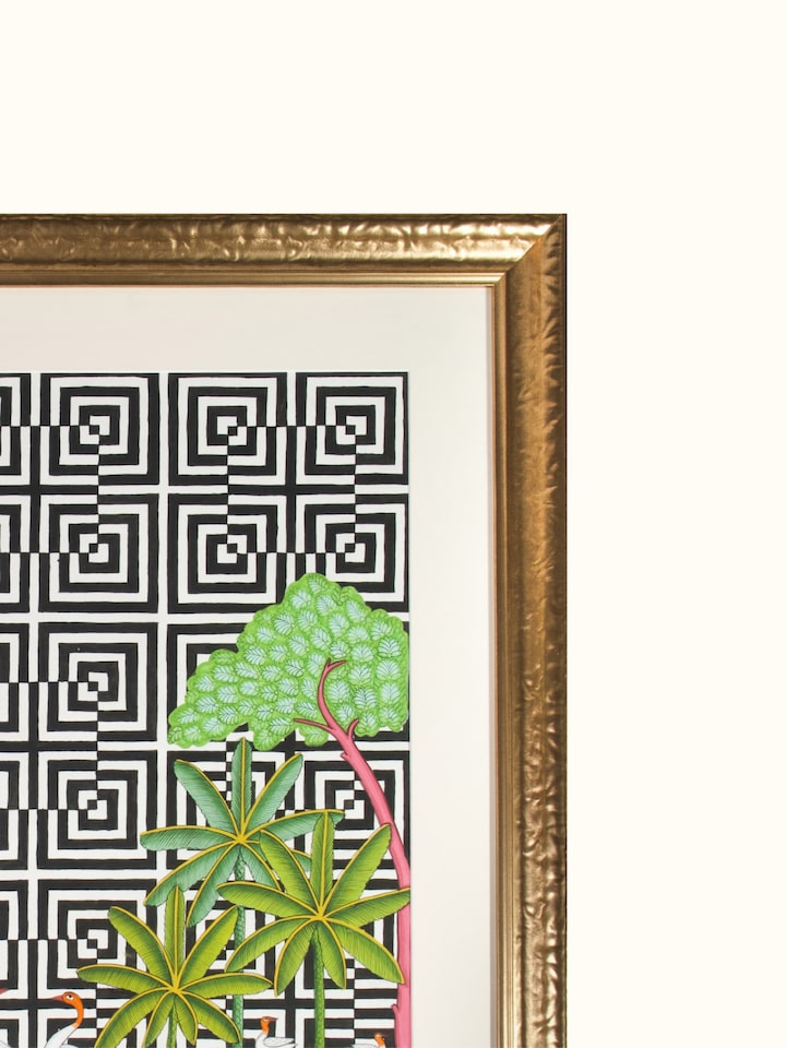 Close-up detail of the Sarus Geometric Illusion Pichwai Painting